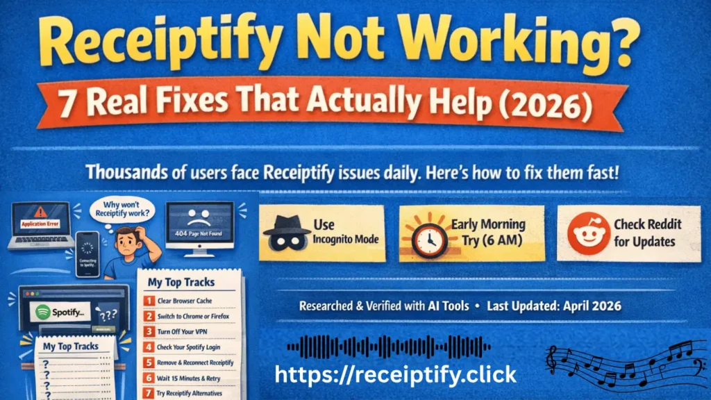 Receiptify not working fixes 2026 showing 7 solutions to fix Spotify receipt error including cache clear VPN off and reconnect Spotify