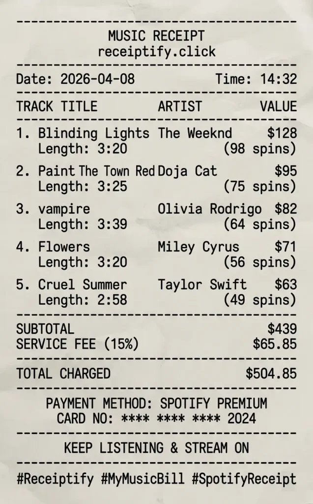 Receiptify monthly statement design showing Spotify listening minutes, top genre, and total amount due formatted like a credit card bill